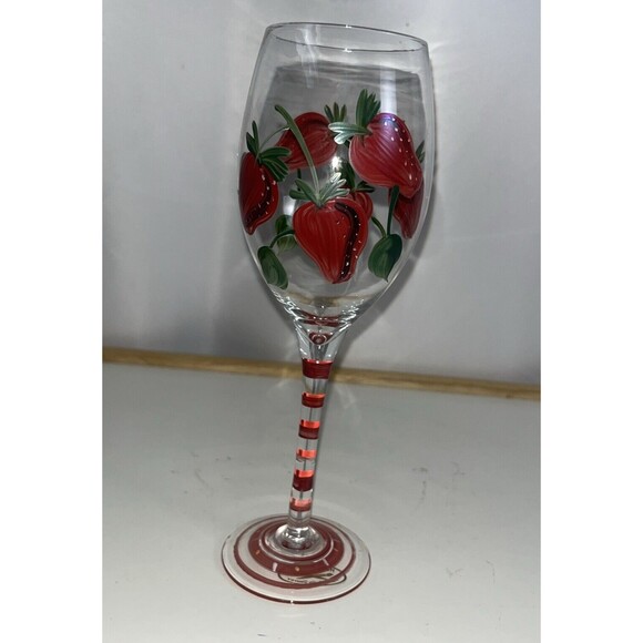 2 Hand Painted Fruit Wine Glasses Strawberry Orange Stripped Pattern Hand-blown - Picture 5 of 7